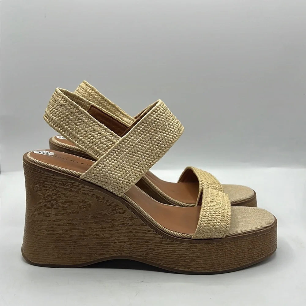 Lucky Brand 8 1/2 Delukah Platform Wedge Sandals Cream Brown Wedge Slingback NEW